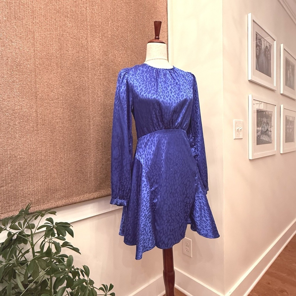 Pinch‎ Boutique Dress Size Small Royal Blue Satin Damask Leopard Print Midi